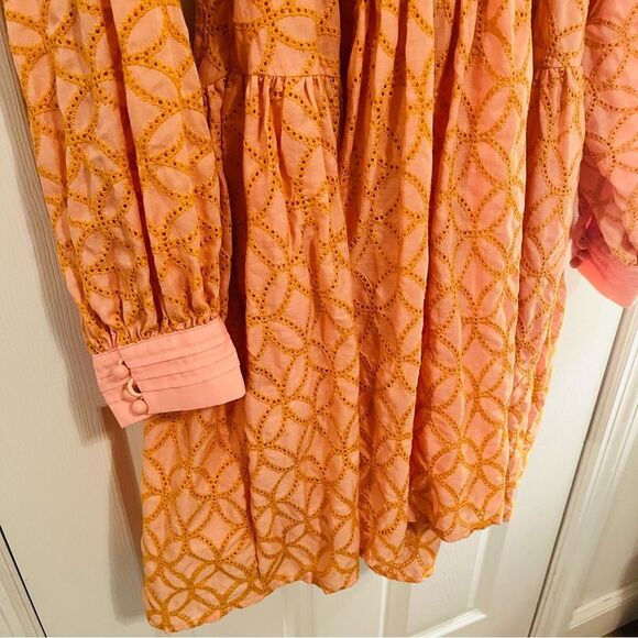 Geometric Pattern Balloon Sleeve Dress in Peach and Pink - Picture 4 of 11
